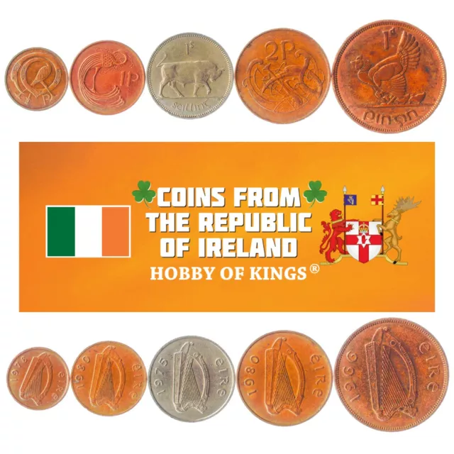 5 Irish Coins. Different Coins From Island. Foreign Currency, Valuable Money