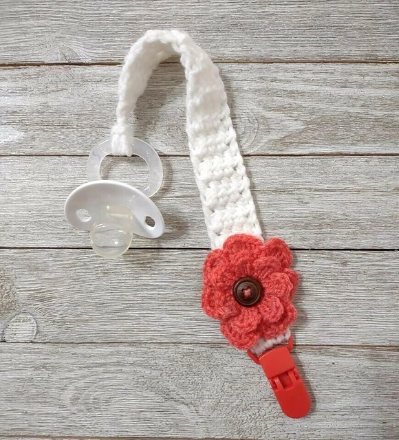 Baby crochet pacifier clip dummy holder strap salmon pink flower handmade