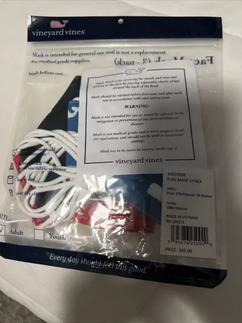 New Vineyard Vines Face Mask Nose Wire Lined 3 Pack Sealed Never Opened 2