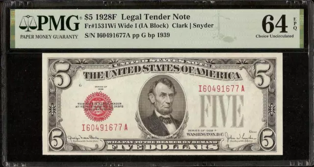 Unc 1928 F $5 Bill Legal Tender Red Seal United States Note Money Pmg 64 Epq