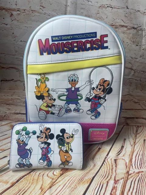 Disney Loungefly Mickie Mouse & Friends Backpack & Wallet -Retro Mousercise