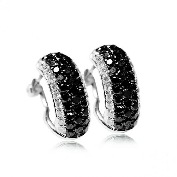 Pave Set Engagement Omegaback Earrings 14K White Gold 1.06 Ct Black CZ Stone