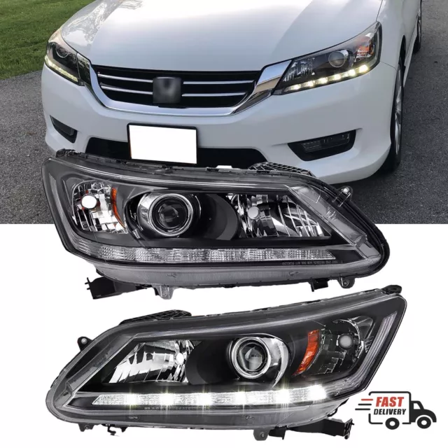 Pair Halogen Headlights Headlamps w/LED DRL For 2013-2015 Honda Accord Sedan