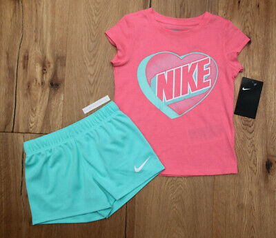 Nike Girl 2 Piece Top & Mesh Shorts Set ~ Coral, Mint Green & White ~ Heart ~
