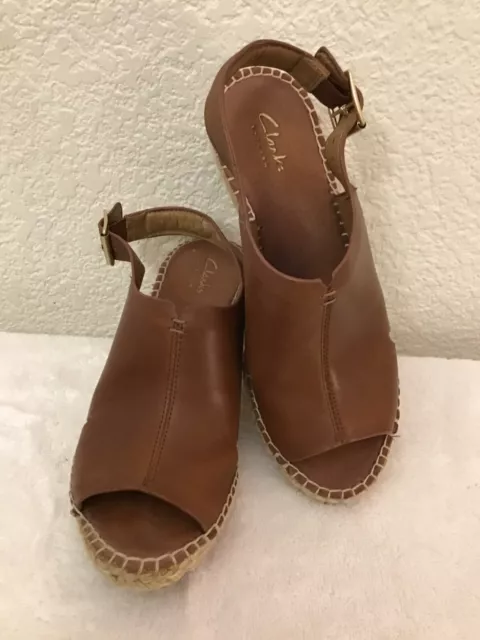 GUC Women Clarks Artisan Cognac Leather Espadrille Wedge Sandal Size 6.5