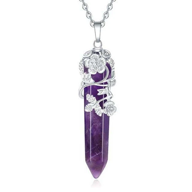 Natural Healing Crystal Quartz Hexagonal Flower Wrapped Stone Pendant Necklace