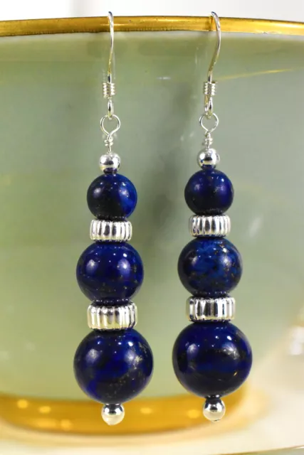 Fabulous Graduated Genuine Lapis Lazuli and Sterling Silver Dangle Earrings