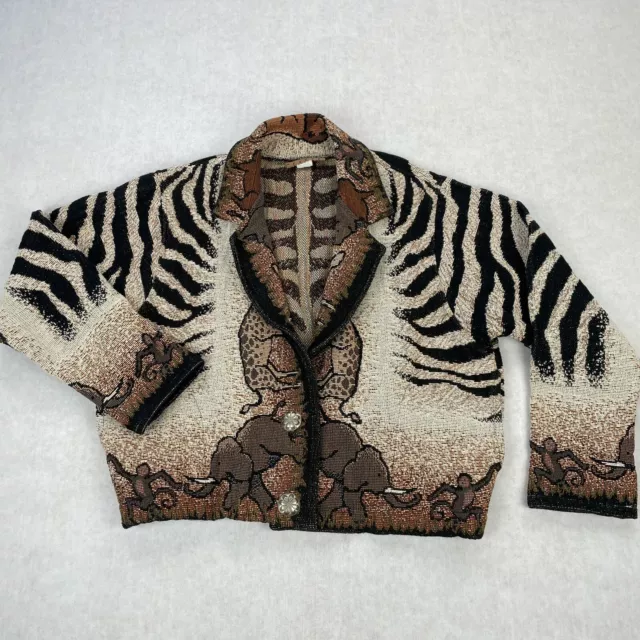 Painted Pony Brand Cropped Animal Tapestry Jacket. This jacket has a  striking zebra, giraffe, leopard, and parrot with tropical plants. It…