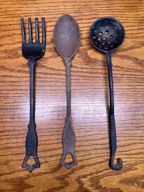 Vintage 3pc Fork & Ladle Spoon Cast Iron Metal 11” Farmhouse Primitive Decor