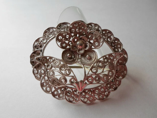 Broche Ancienne En Argent Massif Et Vermeil - Motif Fleurs - Poinçonnée - Occasion