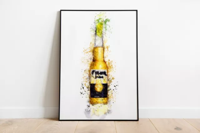Watercolour Splash Lime & Beer Bottle Print A4 A3 A2 Maxi Wall Art Decor 5006