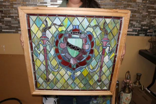 Antique Ornate Victorian c.1890 Stained Leaded Glass W/Jewels 26" x 26" Window 1