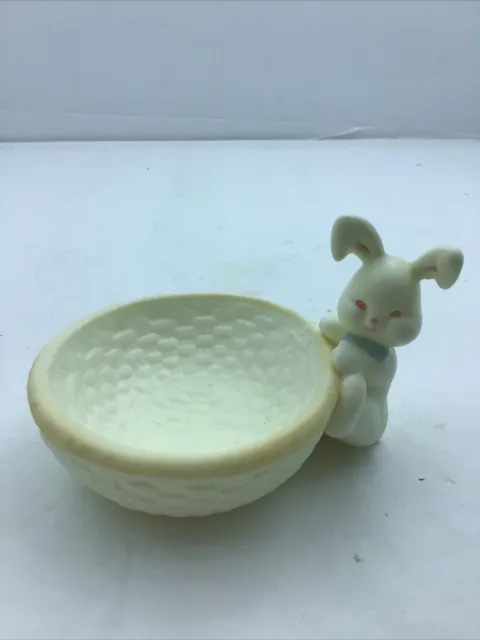 Bisque Porcelain Bunny Climbing In Basket Ring Trinket Dish Matte Finish