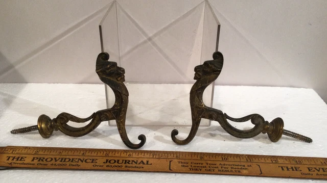 2 Antique Victorian Aestahetic Brass/Bronze Lion Head  Screw Back Coat Hooks