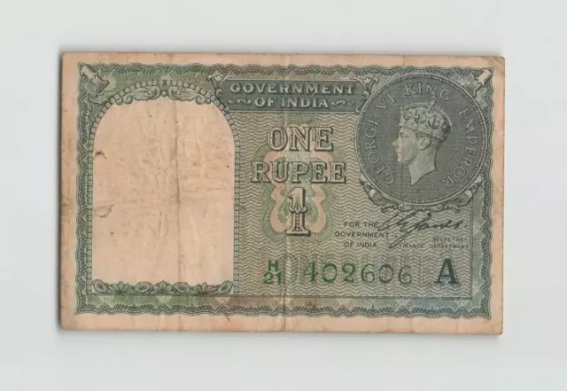 INDIA 1 Rupee 1940, P-25d Green Serial Number Plate A, H21 402606, Circ. P3