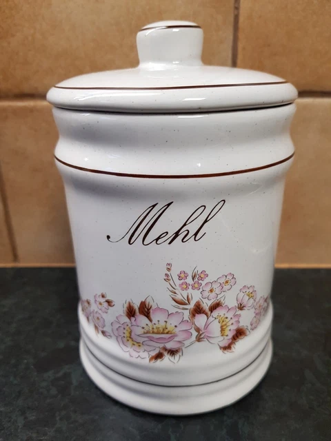 1 großer Mehl Deko Gewürztopf Porzellan creme rosa braun Aufschrift und Blüten