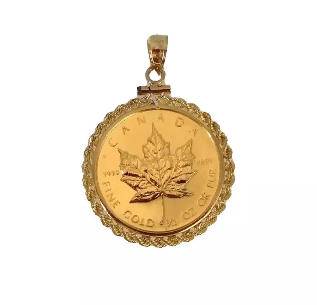 14kt yellow gold framed 1/2 gold maple leaf coin pendant