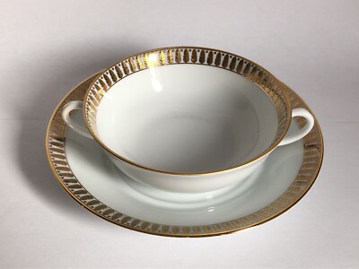 B & C 10+1 tasses à bouillon potage blanches à liseré doré B & C Limoges 