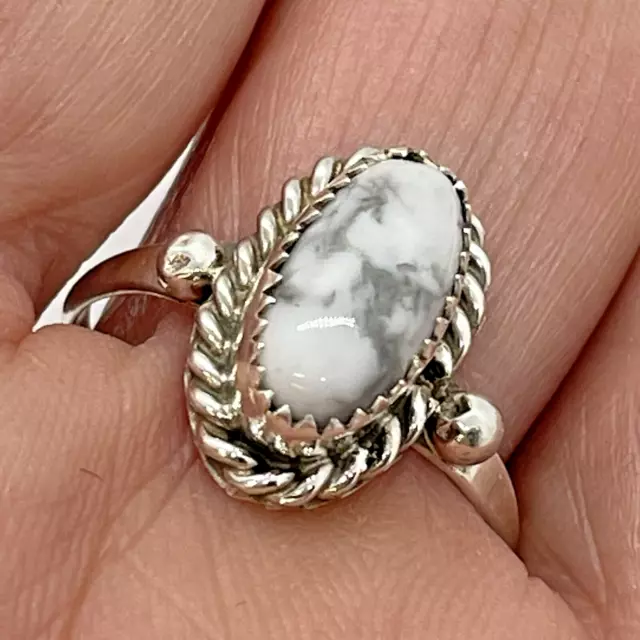 Navajo White Buffalo Turquoise Ring Size 8 Sterling Silver Handmade Native 3