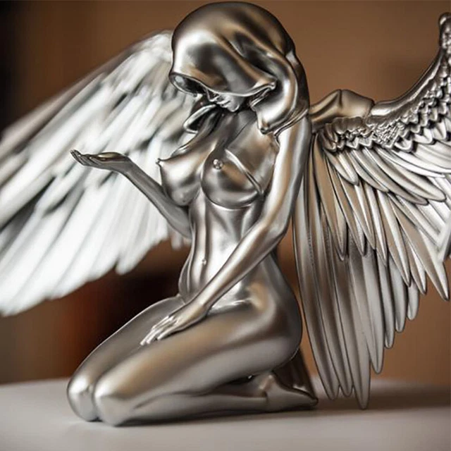 Silver Decor Nude Winged Female Angel Statue Kneeling Woman Home Decor Art Gift