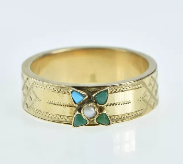 14K Victorian Seed Pearl Turquoise Flower Ring Yellow Gold *40