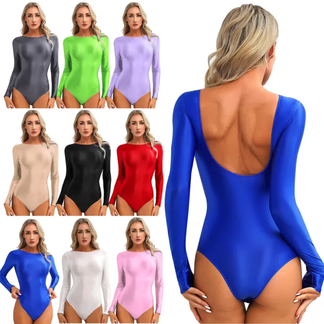 US Womens One-Piece Swimsuit Shiny High Cut Bodysuit Long Sleeve Fitness Romper