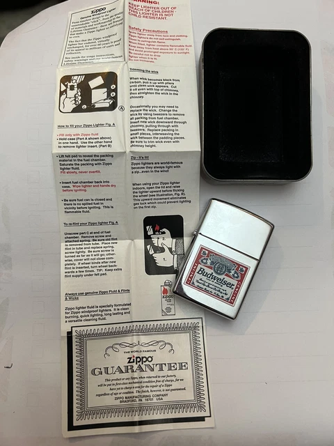 1996 Budweiser Zippo Lighter, With Original Tin And Instructions