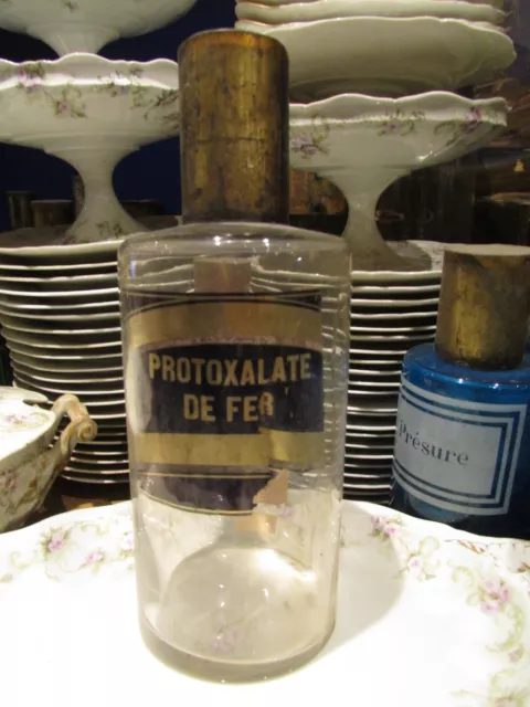 ancien grand pot a pharmacie en verre flacon étiquette protoxalalate de fer