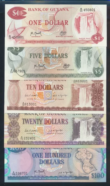 Guyana: 1989-92 $1 to $100 "SET OF 5" Last 2 Nos Match. P21g-28 UNC Lt handling