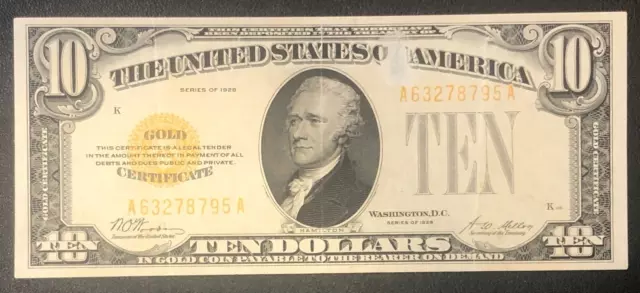 1928 GOLD CERTIFICATE Note ERROR ? $10 Ten Dollar Bill Note RARE! Crisp!