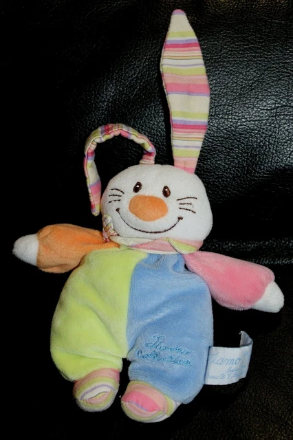 Doudou peluche lapin blanc bleu vert TIAMO collection rayure rose orange grelot