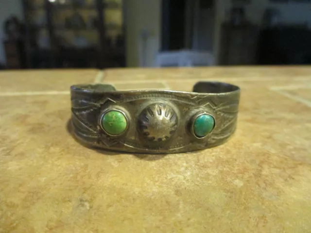 REAL OLD 1930's Navajo Sterling Silver Turquoise Stamped DESIGN Bracelet