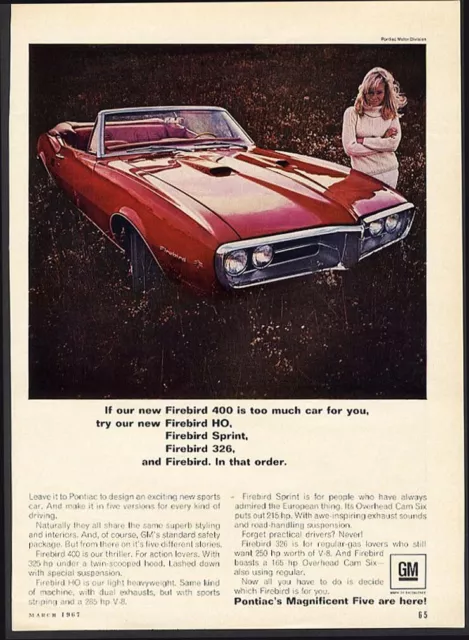 Firebird PONTIAC 400 Car Ad 1967 CONVERTIBLE in Red 5 Different Options