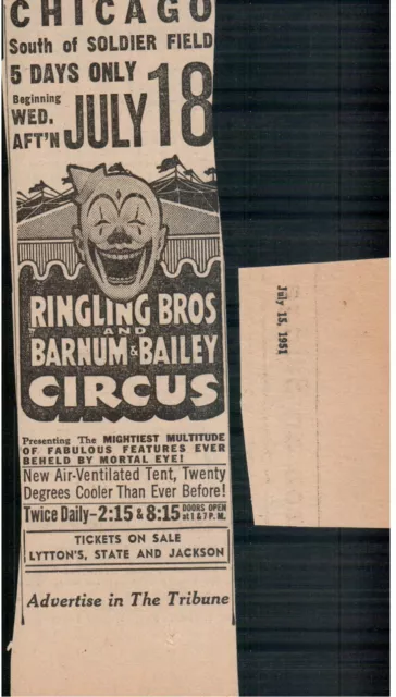 1951 "Ringling Bros & Barnum & Bailey Circus" Chicago newspaper ad 6.5x2"