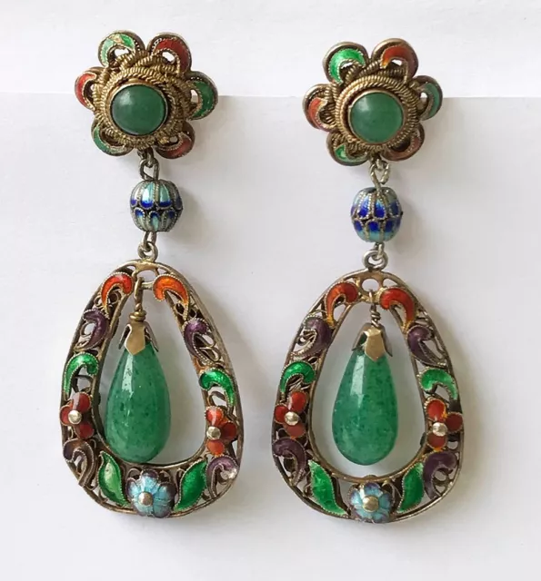 Vintage Chinese Gilted Silver Natural Jade Stone Enameled Dangle Earrings 3