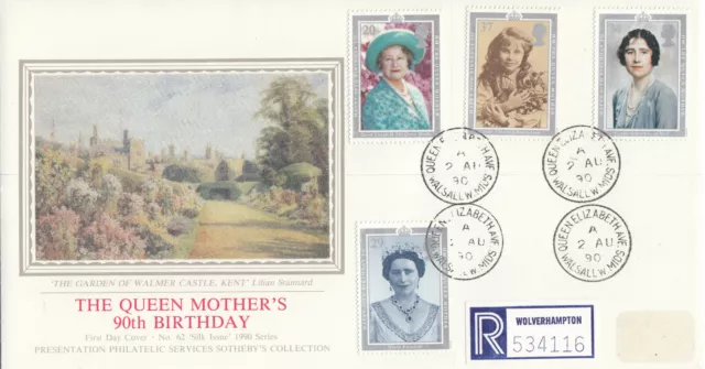 (109498) CLEARANCE Queen Mother 90th GB PPS FDC Queen Elizabeth Ave CDS 1990