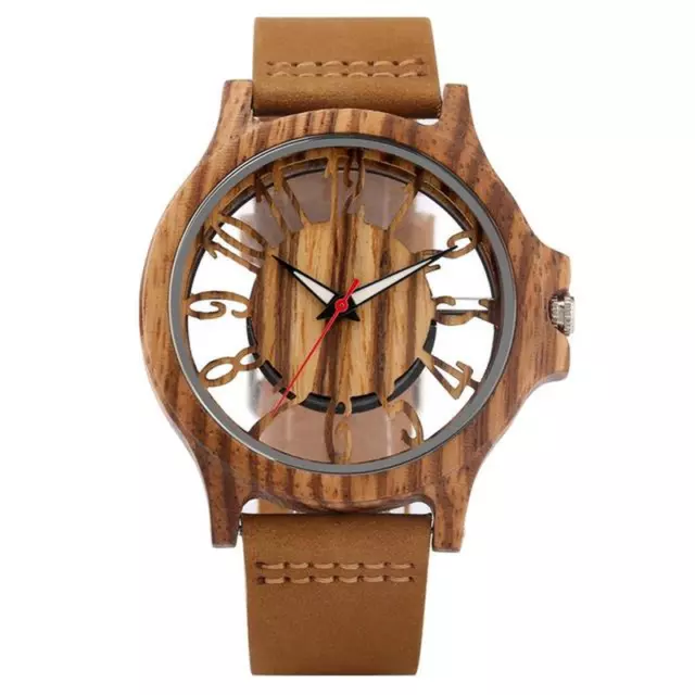 Hohl Anzeige Holz Uhr Mit / Original Lederarmband Holz Armbanduhr für Herren Neu