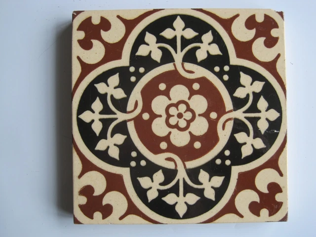 Antique Victorian Mintons 6" Pugin Designed Glazed Quatrefoil Pattern Tile