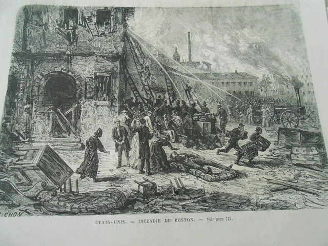 Gravure 1872 - Incendie de Boston au Etats Unis Pompier