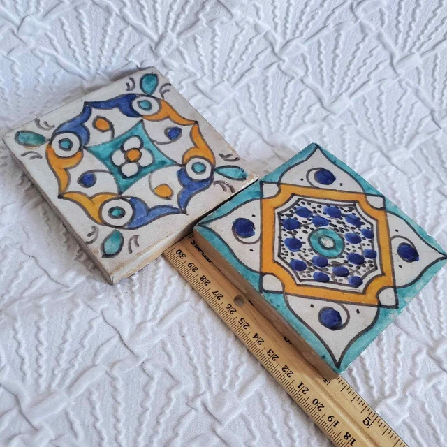Pair of Moorish Ceramic Tiles, Vintage Moroccan Spanish Salvage Tile Coaster 2