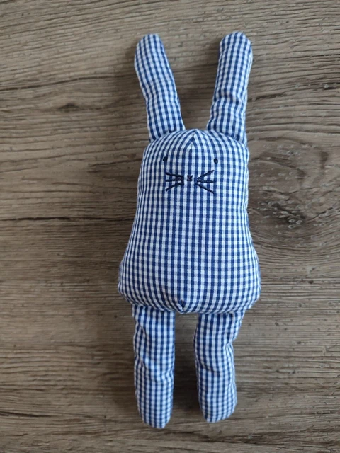 Peluche Doudou Lapin vichy  Bleu fonçé Blanc rayé sans bras 22cm semi plat
