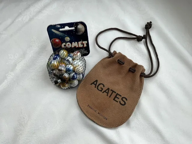 Vintage Net Bag Of Comet Marbles And Suede Souvenir AGATE Carrying Bag NEW!
