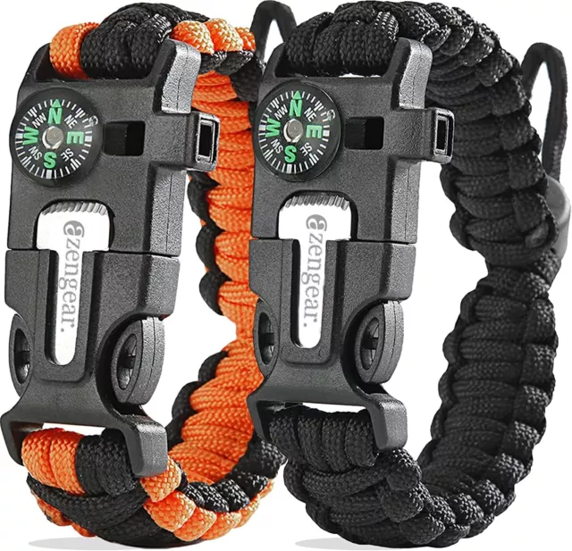 Paracord Survival Bracelet (2 Pack) | Flint Steel Fire Starter, Whistle,