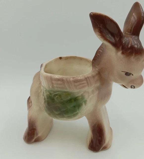 Small Vintage Smiling DONKEY & BASKET Planter 5.5"