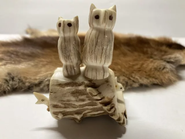 Vintage Native Inuit Carved Deer Antler Owl Fetish / Effigy