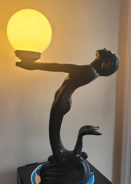 Vintage MCM Art Deco Mermaid Accent Table Lamp Black Figural 24" Tall