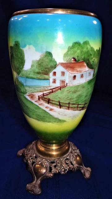 GWTW Hand Painted Scene House River Cabin Lake Kerosene Oil Lamp Font Base Parts