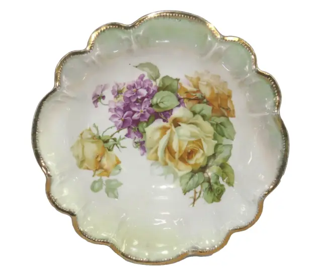 Antique Victorian German Porcelain Serving Bowl Yellow Roses Gilt Trim 10.5"