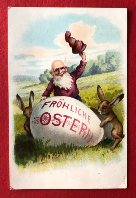Glückwunsch Litho AK OSTERN um 1900 Zwerg mit Osterei und Hasen  ( 109680