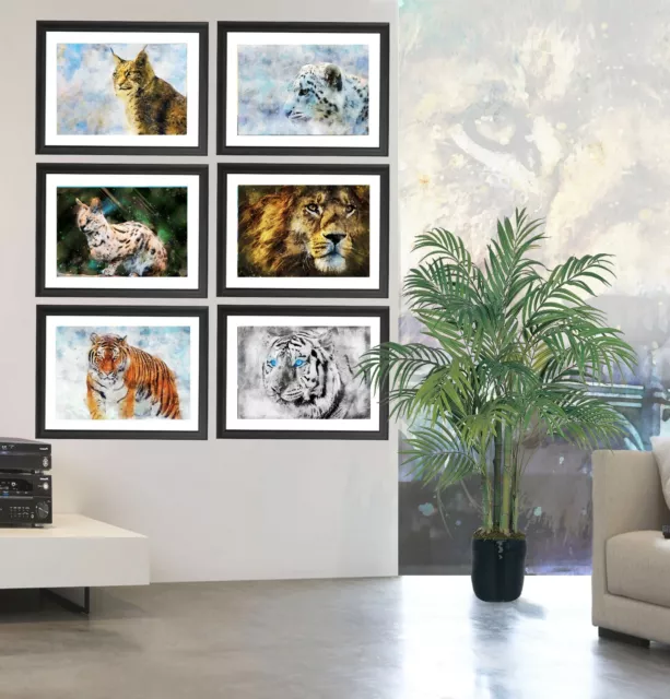 Set Of 6 Tiger Lynx White Tiger Snow Leopard Lion Contemporary Fine Art Prints